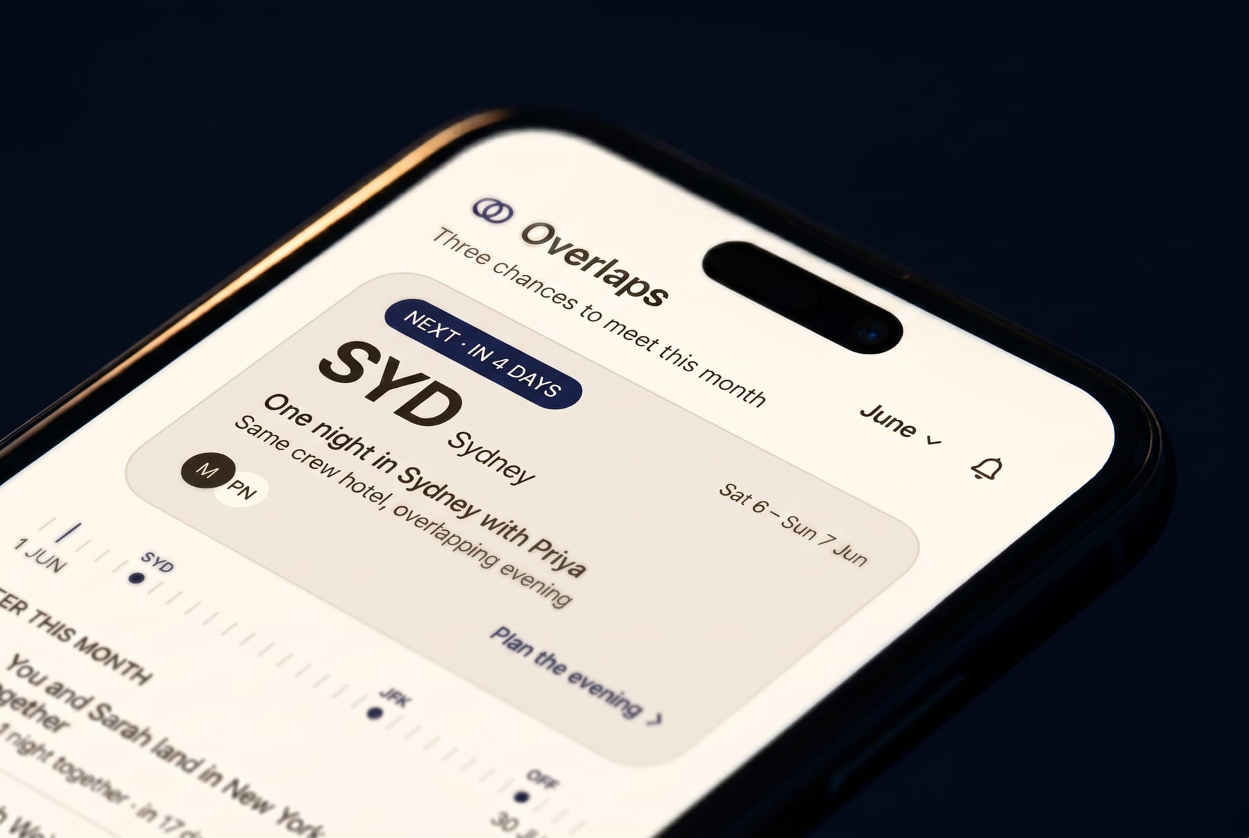 Macro close-up of the Overlaps feed — the NEXT · IN 4 DAYS card for Sydney