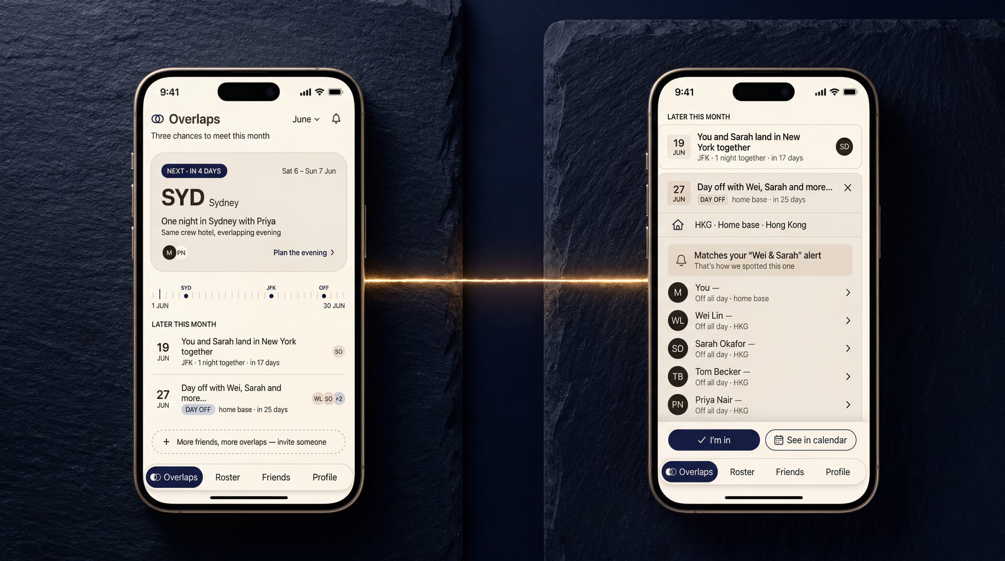 Two phones side by side on dark slate — your feed and a friend's day-off card, joined by a thread of light