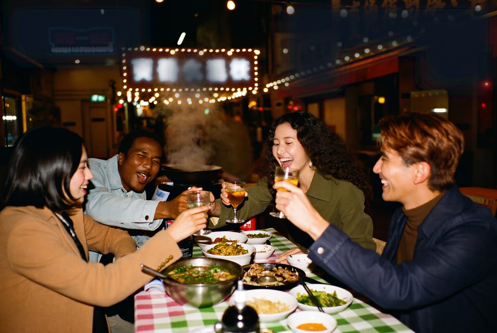 Four crew friends toasting at a Hong Kong street-food stall at night