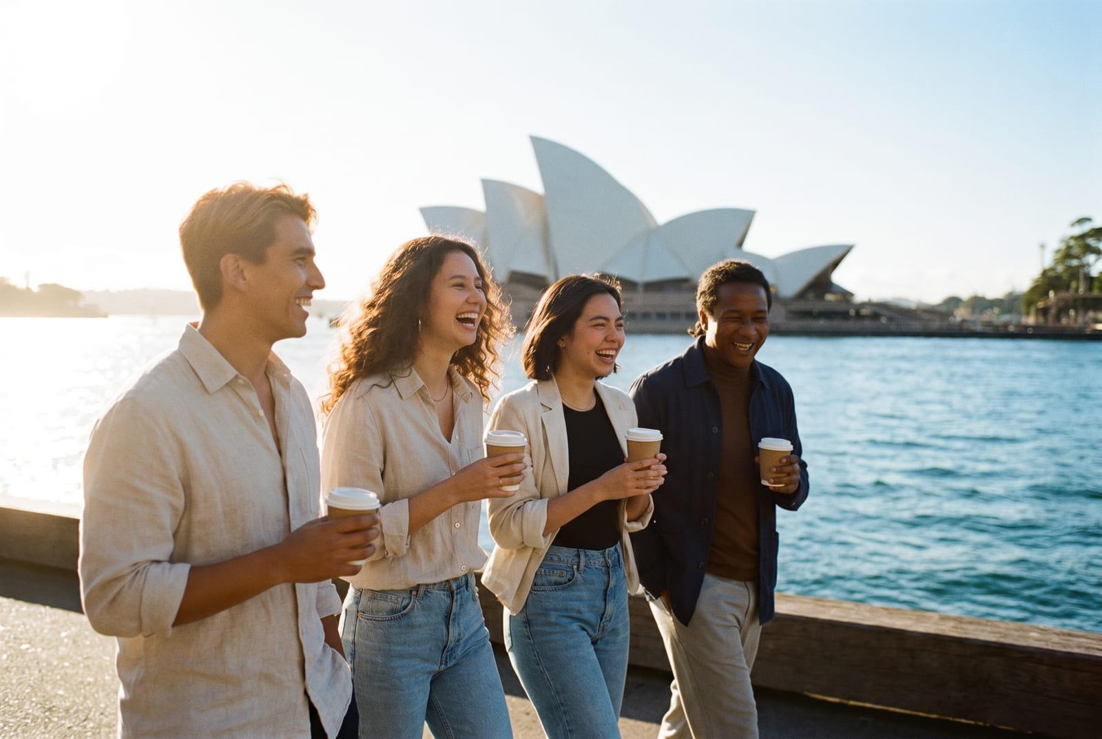 The four friends walking along Sydney Harbour with takeaway coffees at sunrise