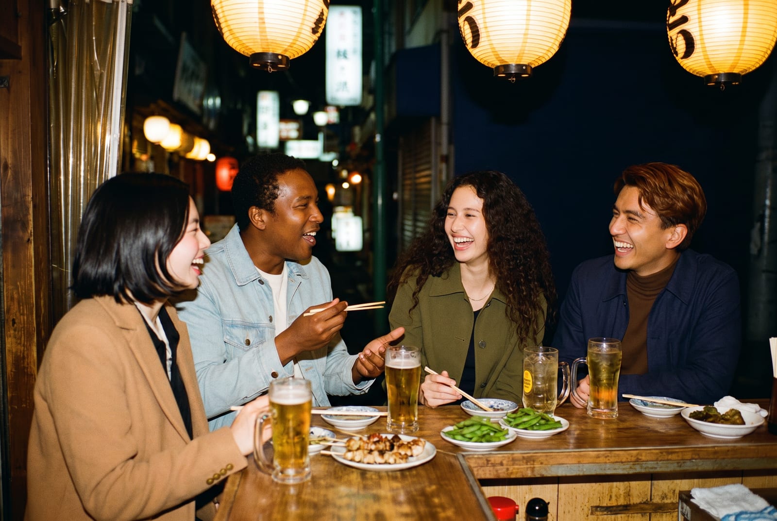 The same four friends laughing over izakaya plates in a Tokyo alley