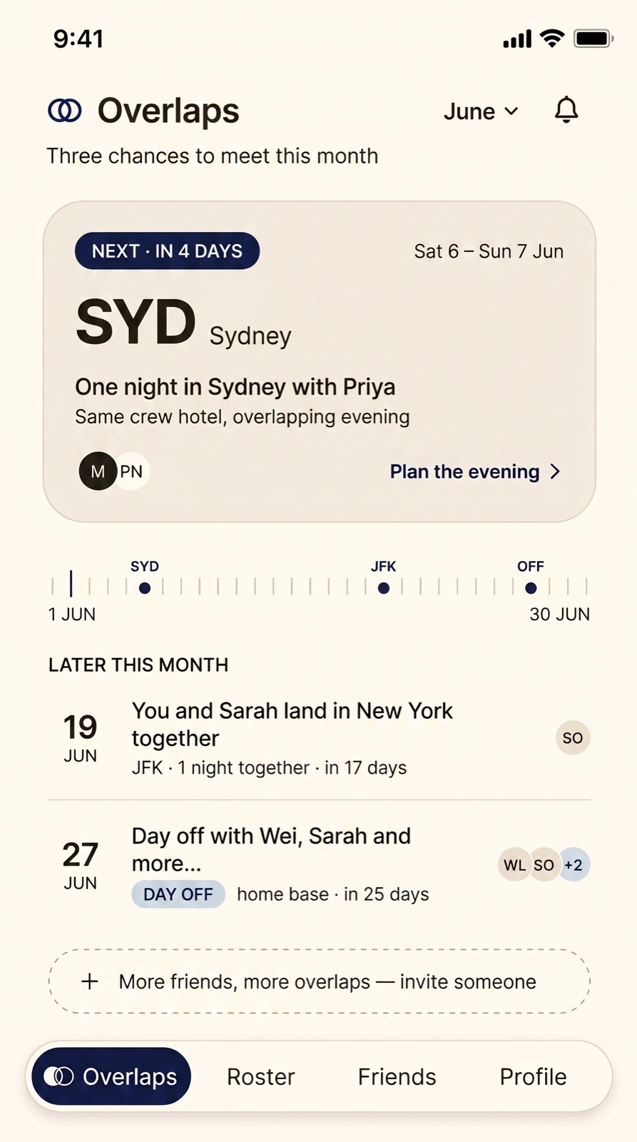 The Overlap app — Overlaps feed: next overlap in Sydney, month horizon strip, later-this-month rows